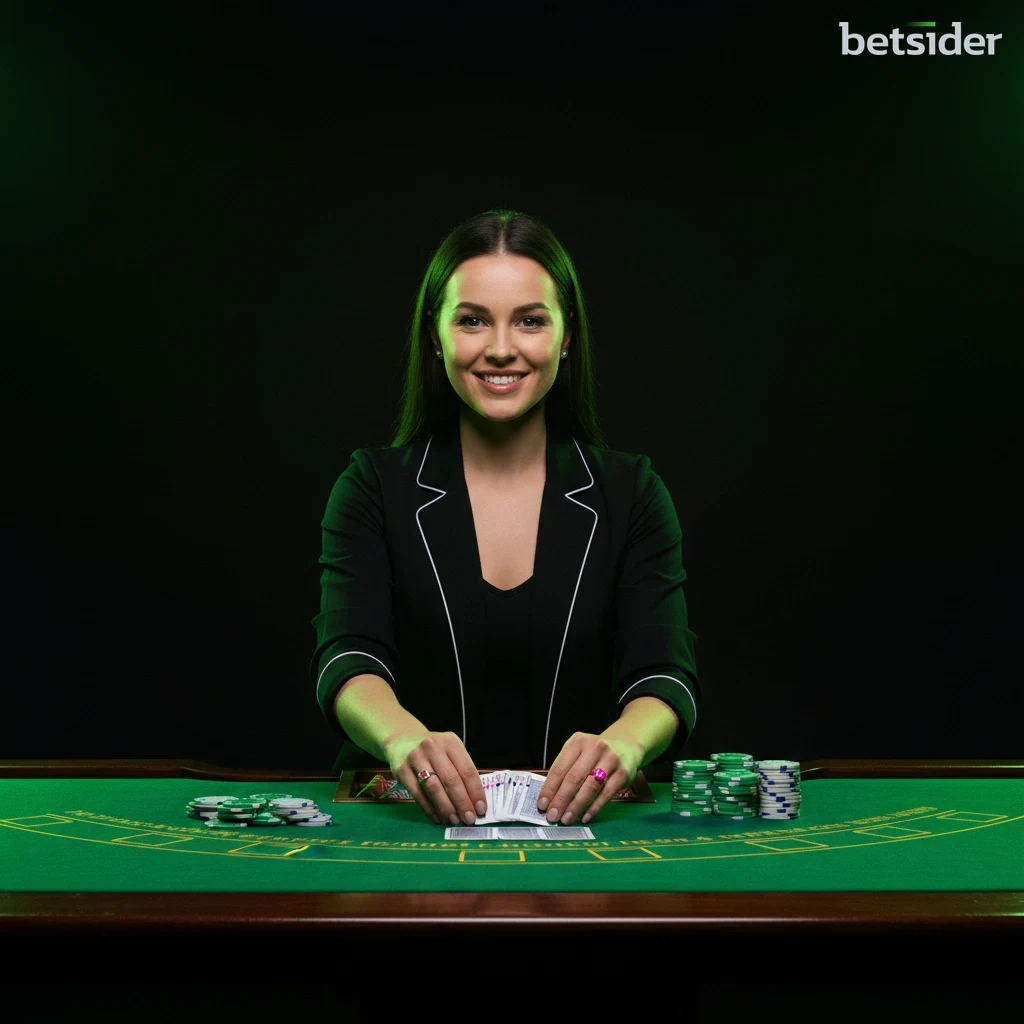 Dealer profissional a apresentar um jogo de cartas na secção de casino ao vivo da Betsider.