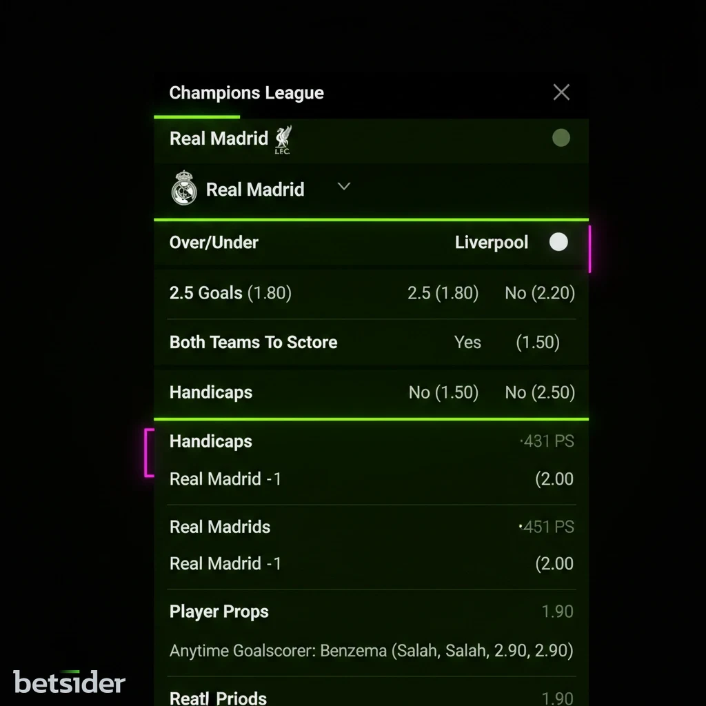 Interface da Betsider a mostrar vários mercados de apostas para um jogo de futebol